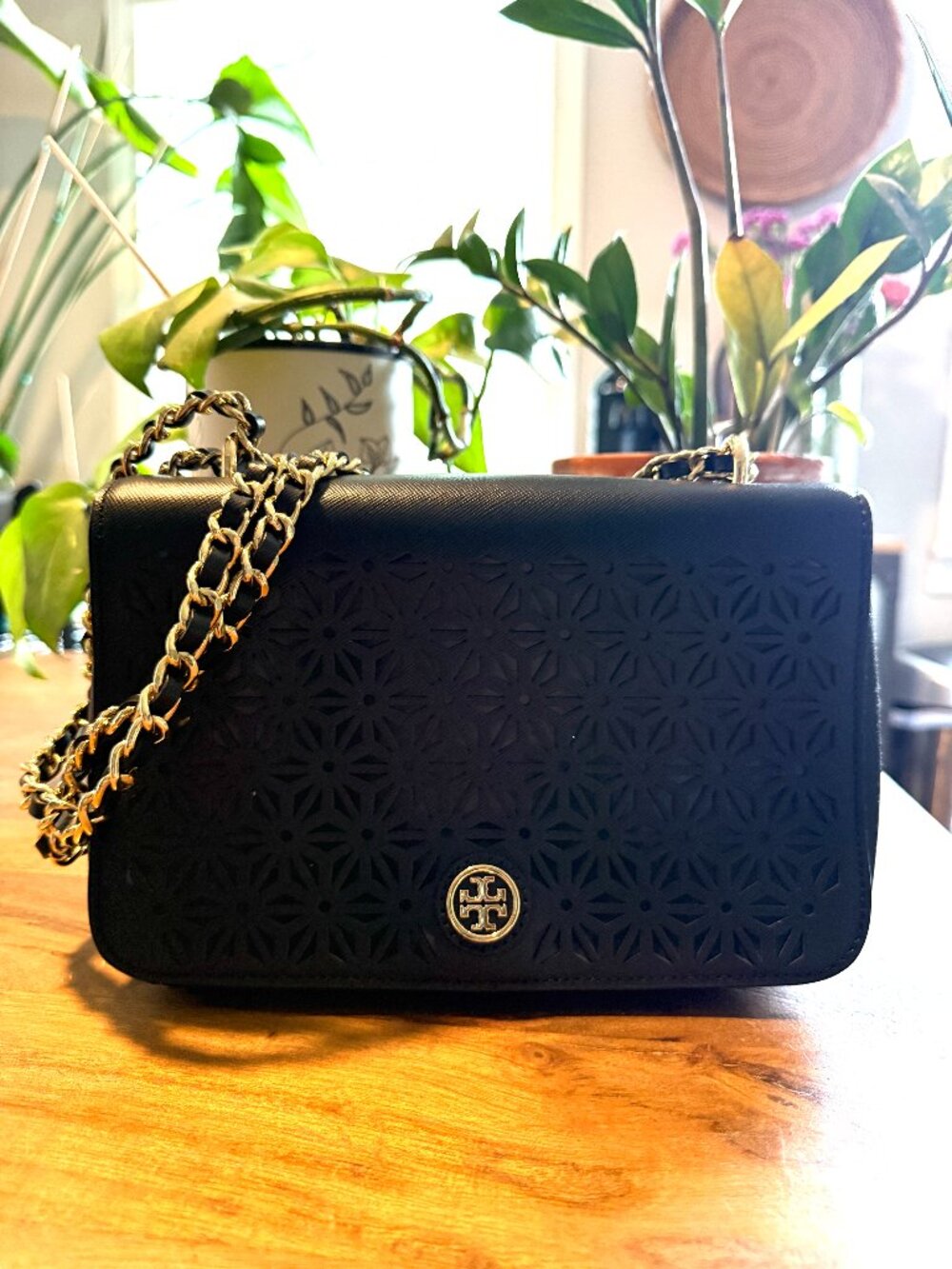 Tory Burch Black Robinson Crossbody Bag with Floral Cut Leather